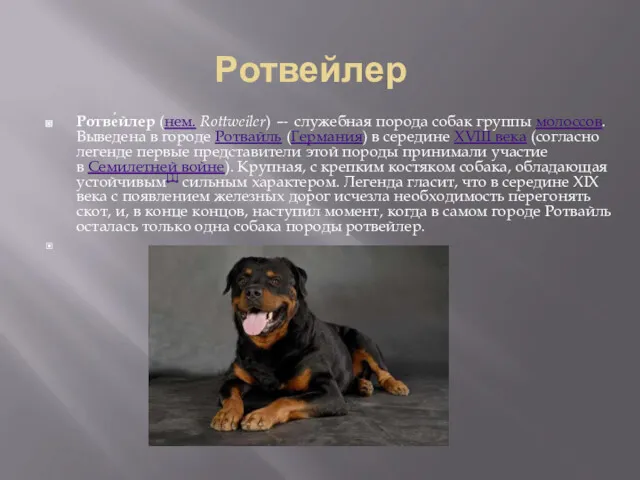 Ротвейлер Ротве́йлер (нем. Rottweiler) — служебная порода собак группы молоссов.