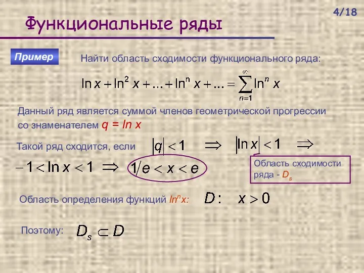 Функциональные ряды Пример Найти область сходимости функционального ряда: Область определения