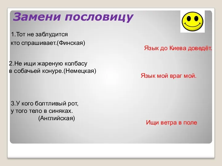 Замени пословицу 1.Тот не заблудится кто спрашивает.(Финская) 2.Не ищи жареную