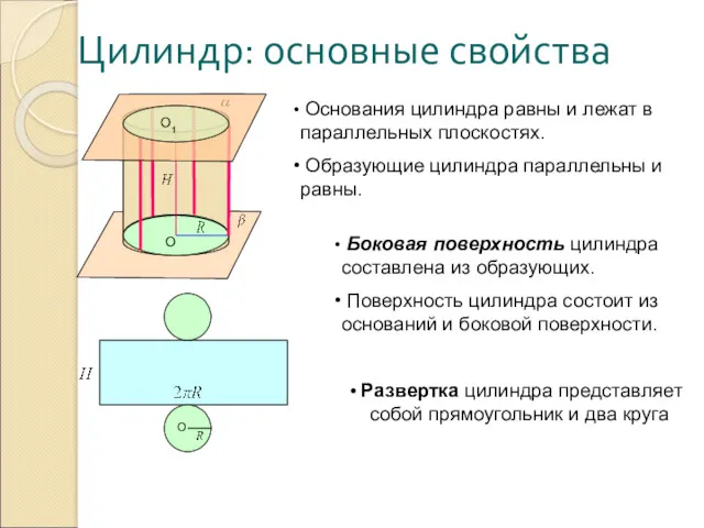 Цилиндр: основные свойства Основания цилиндра равны и лежат в параллельных плоскостях. Образующие цилиндра