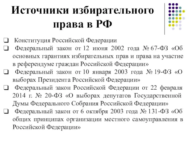 Источники избирательного права в РФ Конституция Российской Федерации Федеральный закон