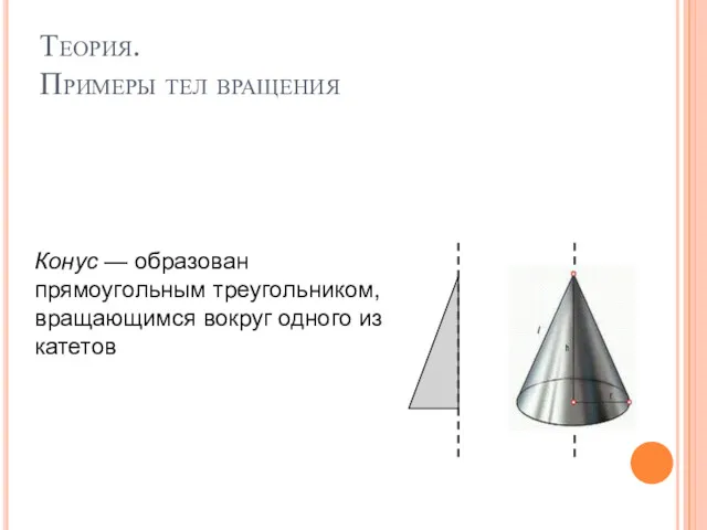 Теория. Примеры тел вращения Конус — образован прямоугольным треугольником, вращающимся вокруг одного из катетов