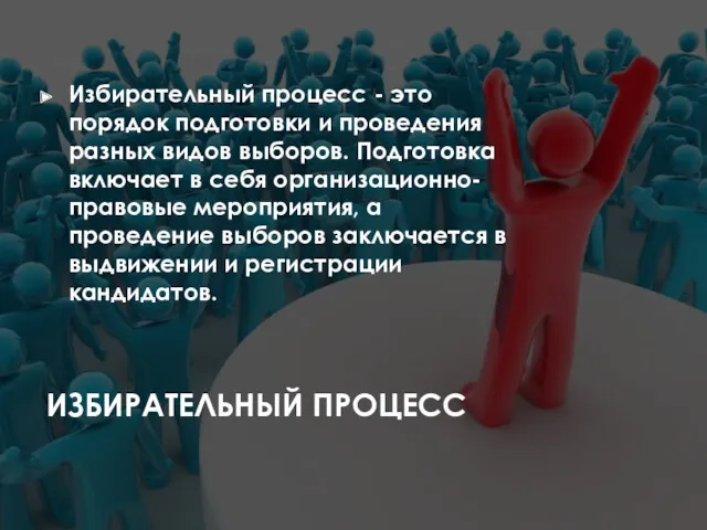 ИЗБИРАТЕЛЬНЫЙ ПРОЦЕСС Избирательный процесс - это порядок подготовки и проведения