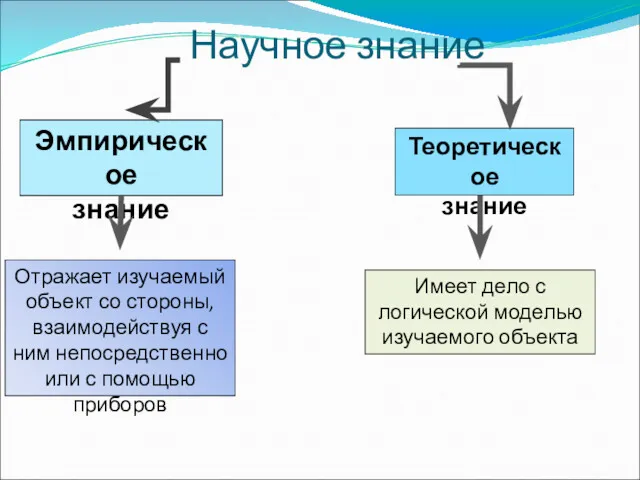 Научное знание Эмпирическое знание Теоретическое знание Отражает изучаемый объект со