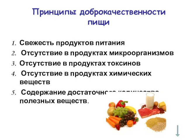 Принципы доброкачественности пищи Свежесть продуктов питания Отсутствие в продуктах микроорганизмов