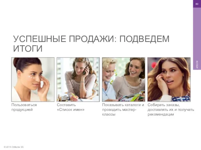 © 2016 Oriflame SA ИТОГИ УСПЕШНЫЕ ПРОДАЖИ: ПОДВЕДЕМ ИТОГИ Пользоваться