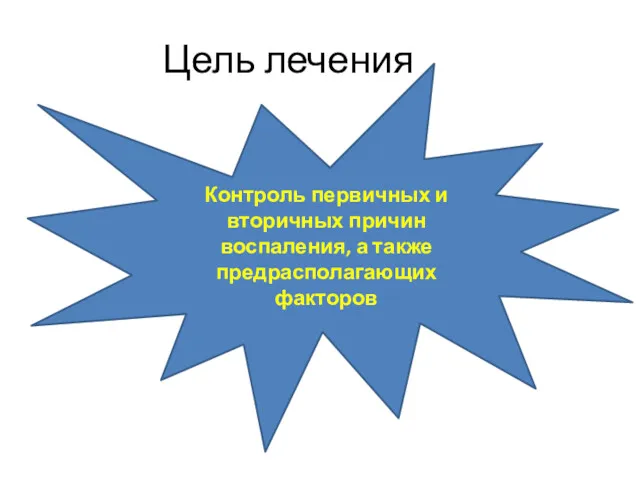 Цель лечения Контроль первичных и вторичных причин воспаления, а также предрасполагающих факторов