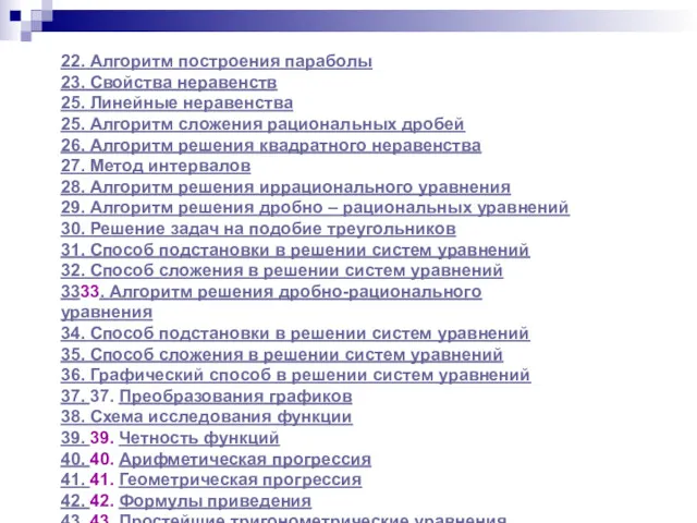 22. Алгоритм построения параболы 23. Свойства неравенств 25. Линейные неравенства