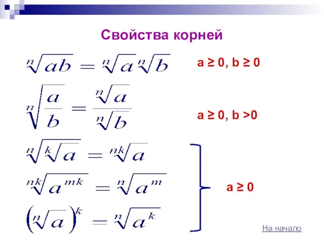 Свойства корней а ≥ 0, b ≥ 0 а ≥