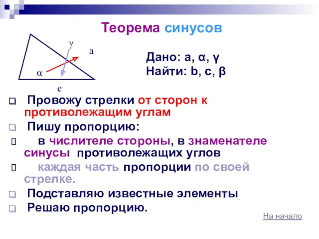 Теорема синусов Дано: а, α, γ Найти: b, c, β