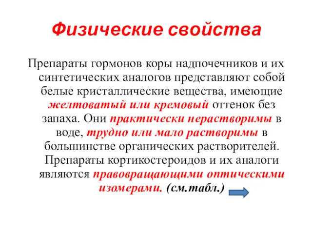 Физические свойства Препараты гормонов коры надпочечников и их синтетических аналогов