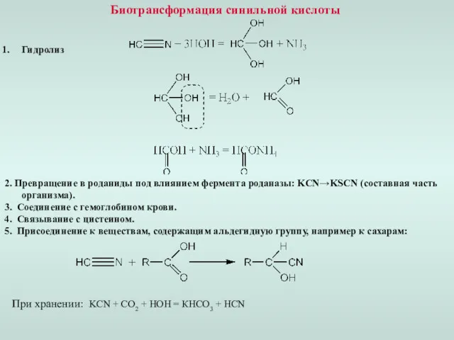 Биотрансформация синильной кислоты Гидролиз 2. Превращение в роданиды под влиянием