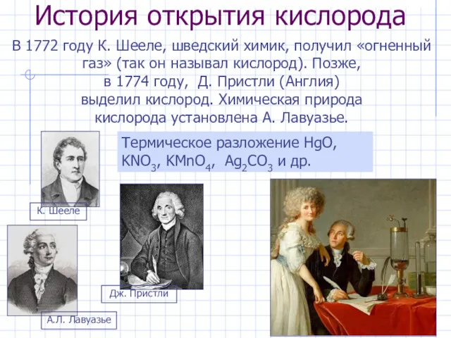 История открытия кислорода В 1772 году К. Шееле, шведский химик,