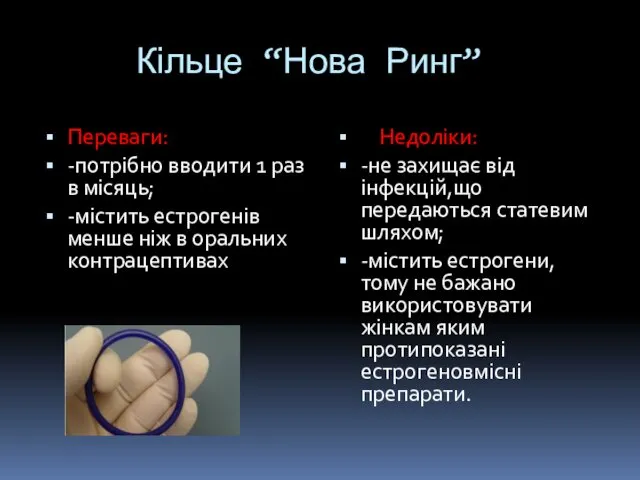 Кільце “Нова Ринг” Переваги: -потрібно вводити 1 раз в місяць;