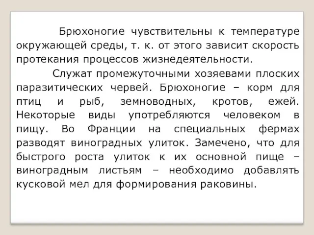 Брюхоногие чувствительны к температуре окружающей среды, т. к. от этого