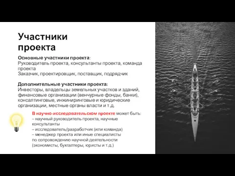 Участники проекта Основные участники проекта: Руководитель проекта, консультанты проекта, команда