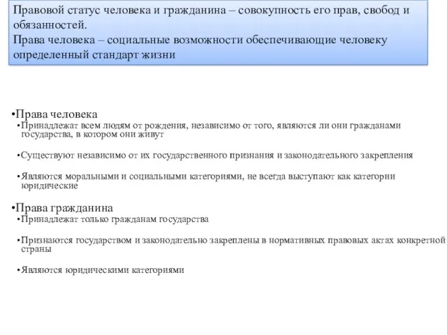 Правовой статус человека и гражданина – совокупность его прав, свобод