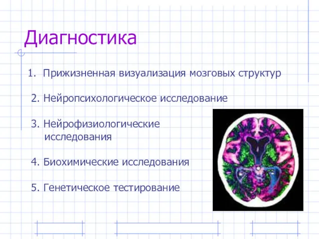 Диагностика Прижизненная визуализация мозговых структур 2. Нейропсихологическое исследование 3. Нейрофизиологические