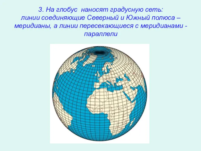 3. На глобус наносят градусную сеть: линии соединяющие Северный и Южный полюса –