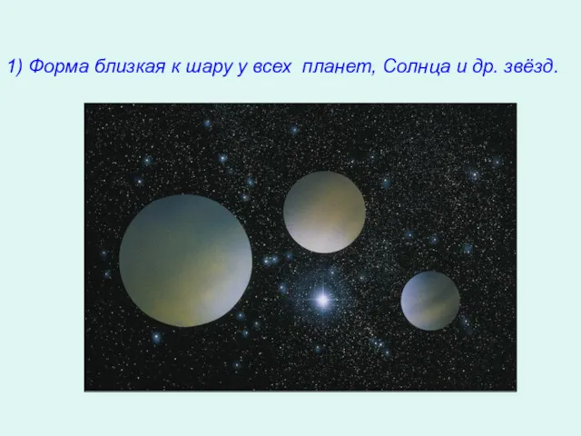 1) Форма близкая к шару у всех планет, Солнца и др. звёзд.