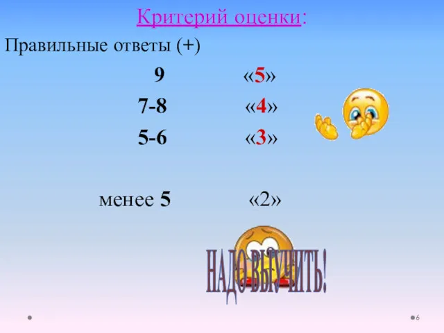 Критерий оценки: Правильные ответы (+) 9 «5» 7-8 «4» 5-6 «3» менее 5 «2» НАДО ВЫУЧИТЬ!