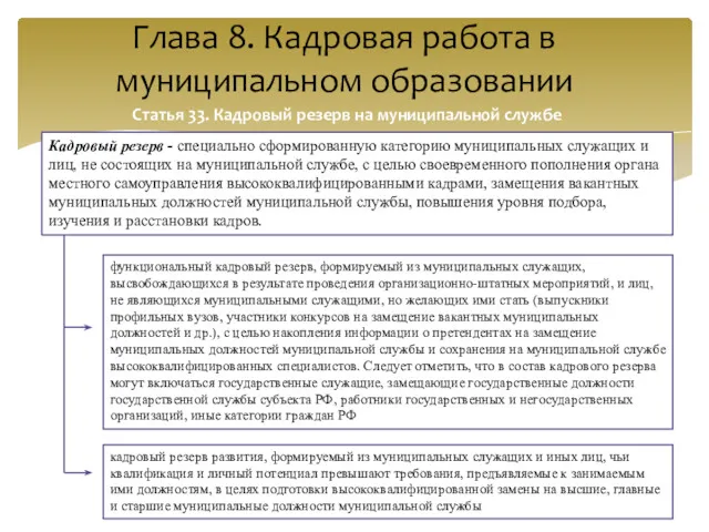 Глава 8. Кадровая работа в муниципальном образовании Статья 33. Кадровый