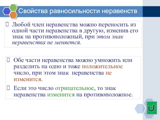 Свойства равносильности неравенств Любой член неравенства можно переносить из одной