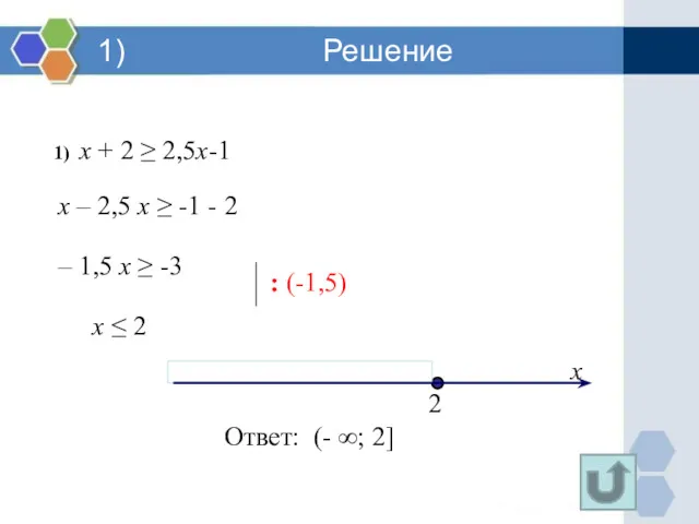 1) Решение 1) х + 2 ≥ 2,5х-1 х –