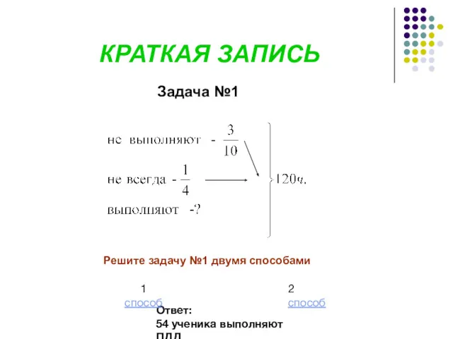 КРАТКАЯ ЗАПИСЬ Задача №1 Ответ: 54 ученика выполняют ПДД. 1