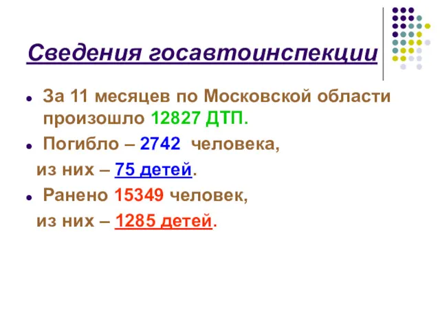 Сведения госавтоинспекции За 11 месяцев по Московской области произошло 12827