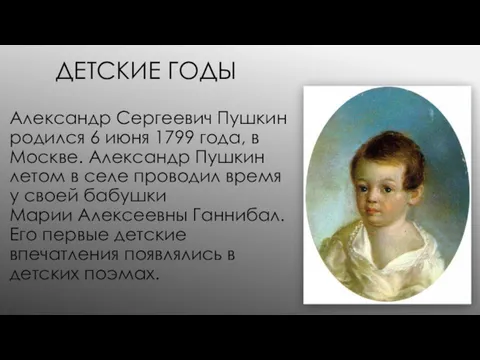 ДЕТСКИЕ ГОДЫ Александр Сергеевич Пушкин родился 6 июня 1799 года,