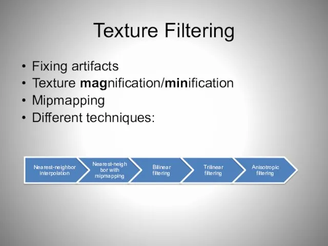 Texture Filtering Fixing artifacts Texture magnification/minification Mipmapping Different techniques: