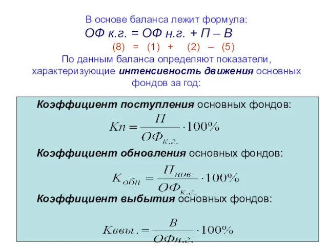 В основе баланса лежит формула: ОФ к.г. = ОФ н.г.