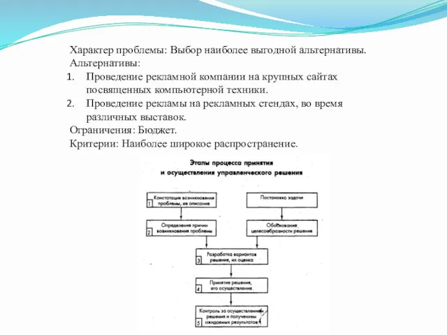 Характер проблемы: Выбор наиболее выгодной альтернативы. Альтернативы: Проведение рекламной компании