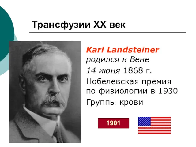 Трансфузии XX век Karl Landsteiner родился в Вене 14 июня 1868 г. Нобелевская