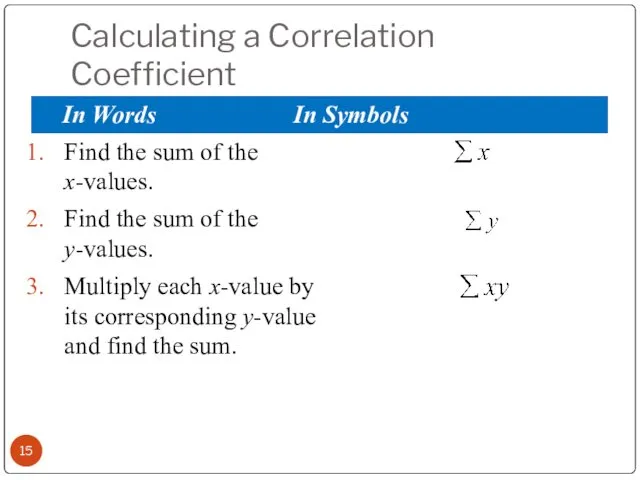 Calculating a Correlation Coefficient Find the sum of the x-values.