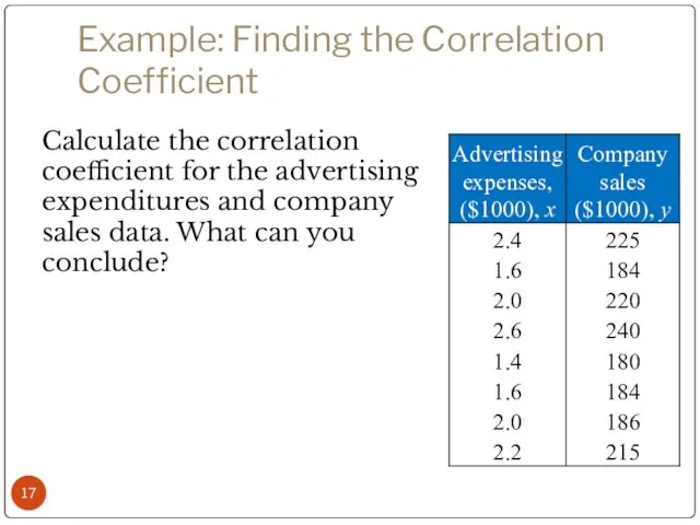 Example: Finding the Correlation Coefficient Calculate the correlation coefficient for