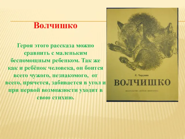 Волчишко Героя этого рассказа можно сравнить с маленьким беспомощным ребенком.