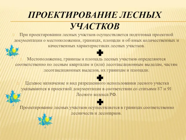 ПРОЕКТИРОВАНИЕ ЛЕСНЫХ УЧАСТКОВ При проектировании лесных участков осуществляется подготовка проектной