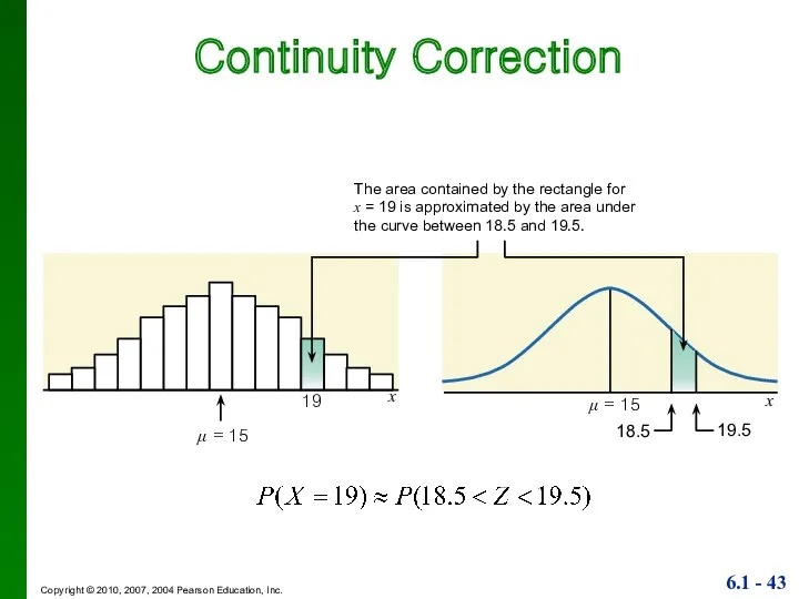 Continuity Correction x 18.5 19 μ = 15 x The