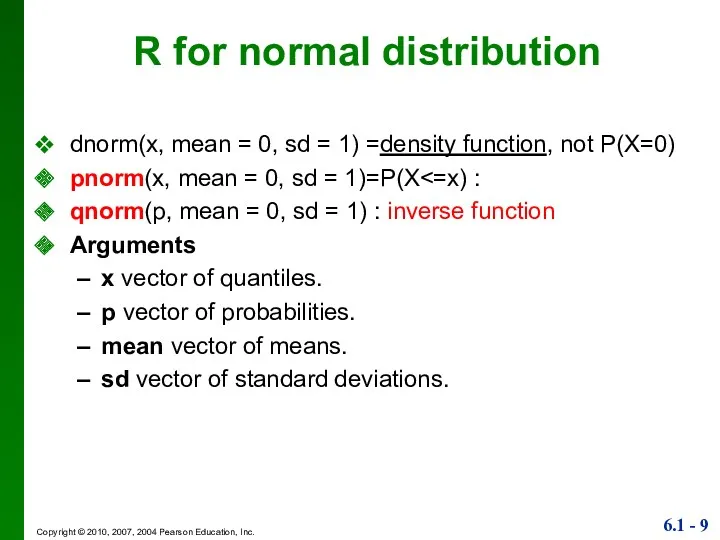 R for normal distribution dnorm(x, mean = 0, sd =