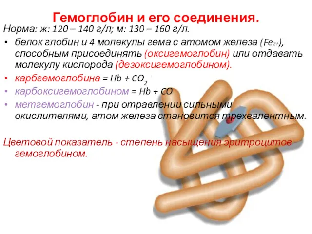 Гемоглобин и его соединения. Норма: ж: 120 – 140 г/л;