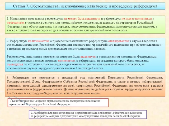 Статья 7. Обстоятельства, исключающие назначение и проведение референдума 1. Инициатива проведения референдума не