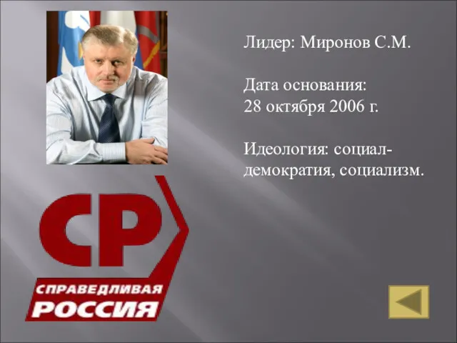 Лидер: Миронов С.М. Дата основания: 28 октября 2006 г. Идеология: социал-демократия, социализм.