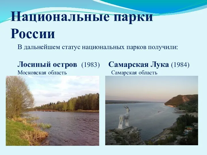 В дальнейшем статус национальных парков получили: Лосиный остров (1983) Самарская
