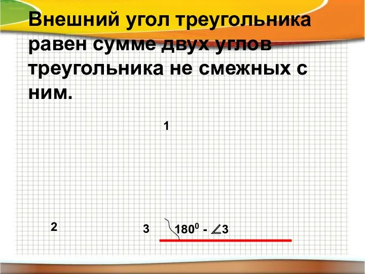 1800 - ∠3 3 2 1 Внешний угол треугольника равен