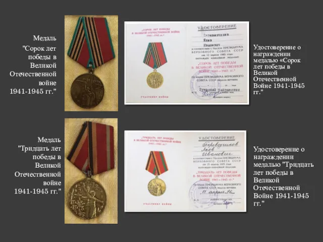 Медаль "Сорок лет победы в Великой Отечественной войне 1941-1945 гг." Удостоверение о награждении