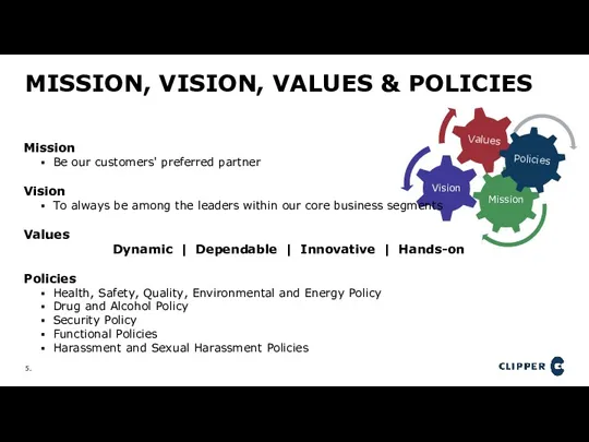 MISSION, VISION, VALUES & POLICIES Mission Be our customers' preferred