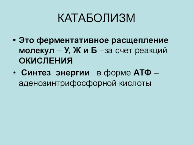 КАТАБОЛИЗМ Это ферментативное расщепление молекул – У, Ж и Б