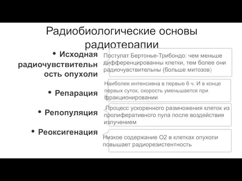 Радиобиологические основы радиотерапии Исходная радиочувствительность опухоли Репарация Репопуляция Реоксигенация Постулат